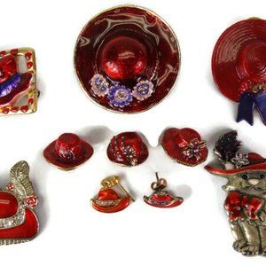 x10 Red Hat Society AJMC Cat Pewter Brooch with Feather , Rhinestones Metal Pin